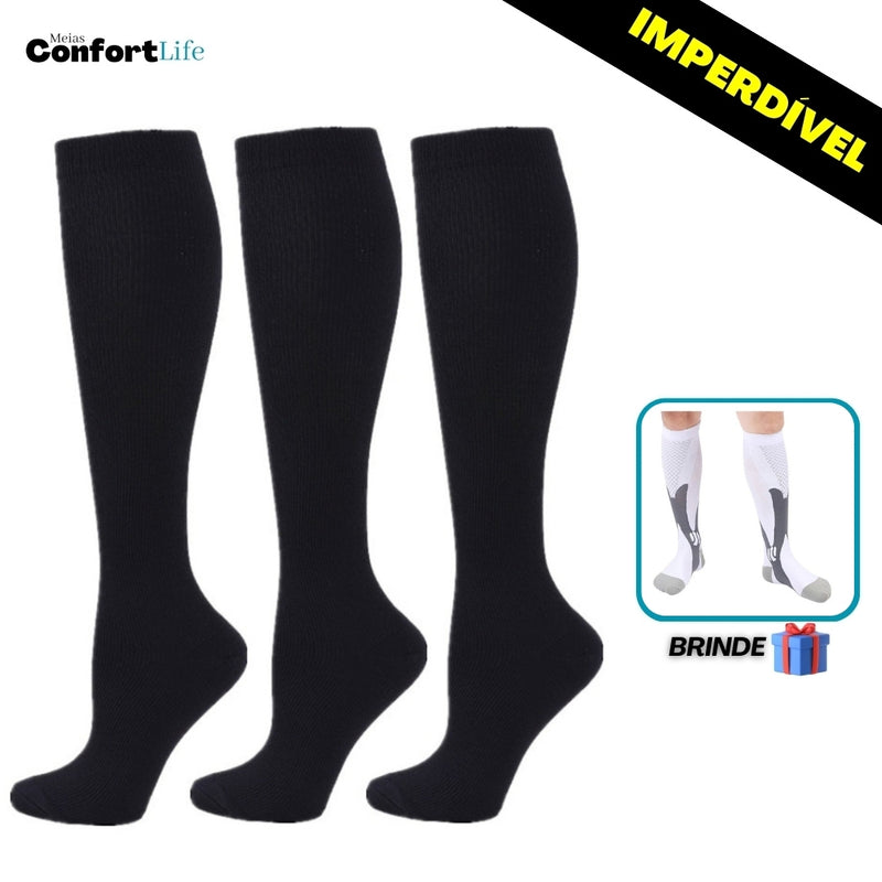 Kit 3 Pares de Meia Compressão 20-30 mmHg - Pretas - COMPRE 2 LEVE 3 + Brinde