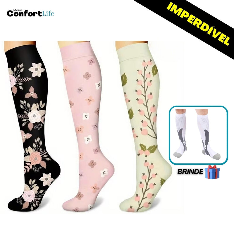 Kit 3 Pares de Meia Compressão 20-30 mmHg - Jardim - COMPRE 2 LEVE 3 + Brinde
