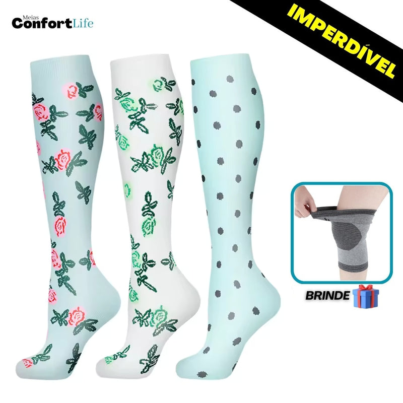 Kit 3 Pares de Meia Compressão 20-30 mmHg - Flores Verdes - COMPRE 2 LEVE 3 + Brinde
